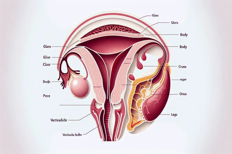 Infographie anatomique du clitoris montrant le gland, le corps, les piliers et les bulbes vestibulaires