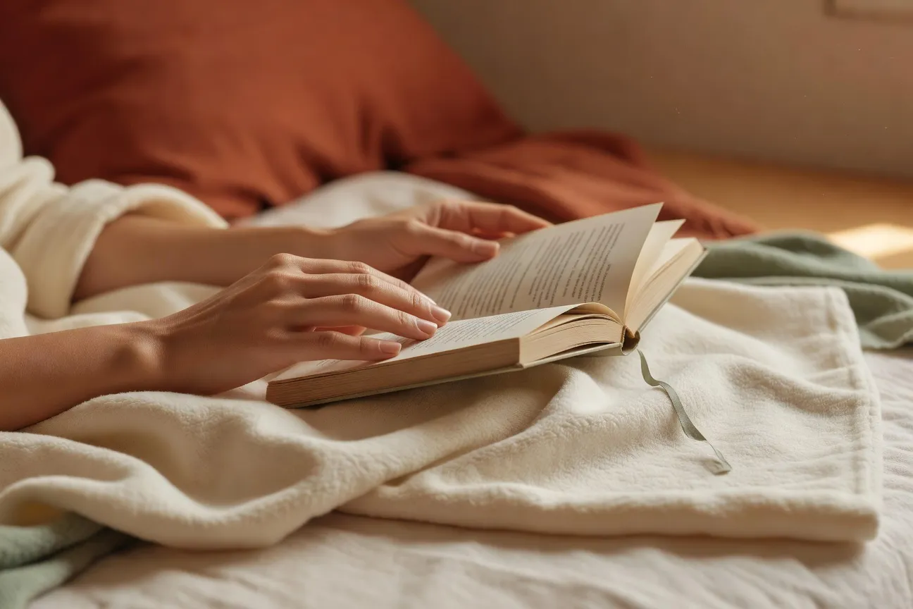 Mains posées sur un livre - scène éditoriale symbolique de la lecture thérapeutique