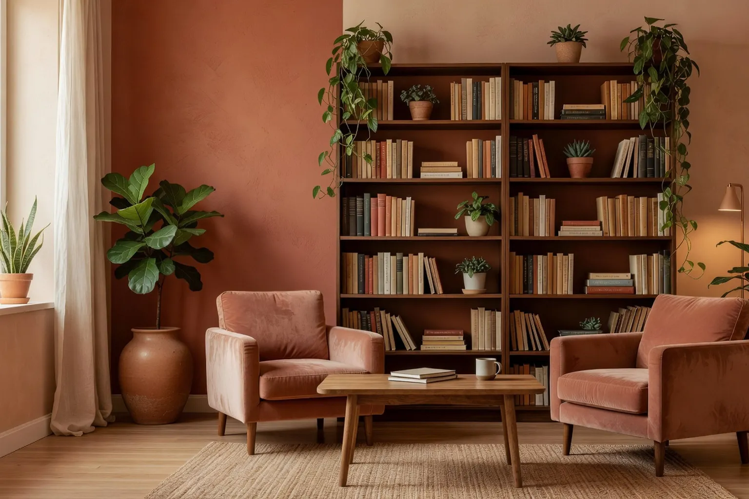 Illustration éditoriale — cabinet de sexologie chaleureux avec bibliothèque