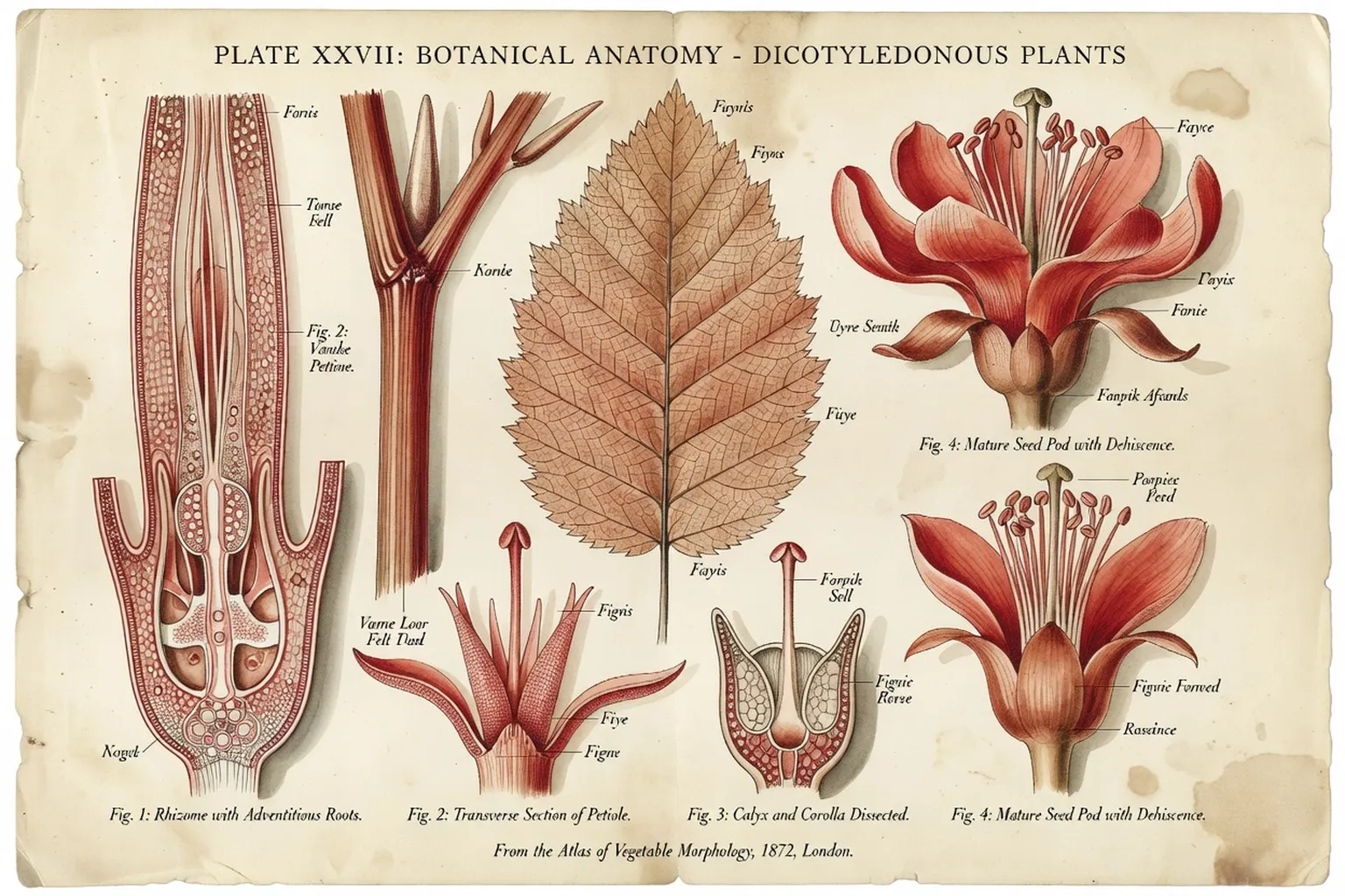 Planche d'anatomie détaillée avec étiquetage des structures clitoridiennes, vintage terracotta