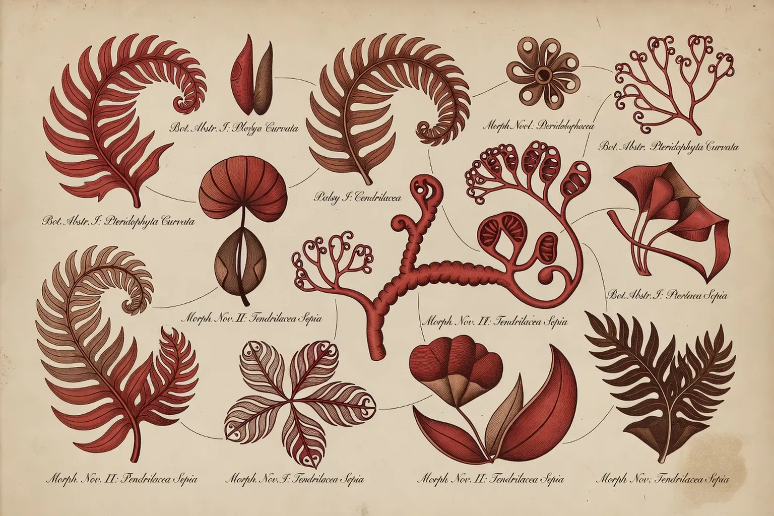 Illustration scientifique vintage du vocabulaire anatomique clitoridien — style botanique terracotta