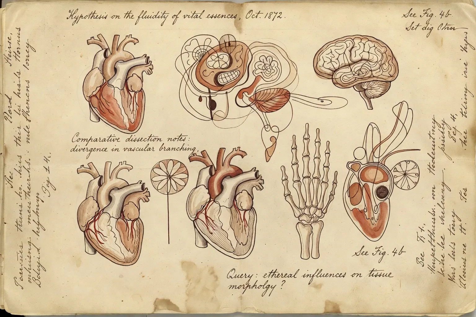 Manuscrit scientifique vintage avec illustrations anatomiques abstraites, sépia et terracotta