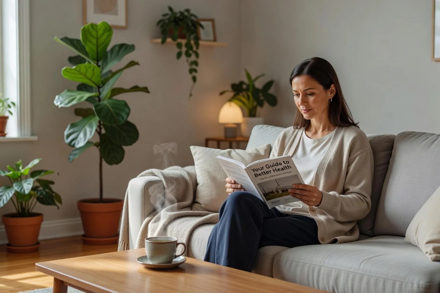 Femme adulte lisant un guide de santé dans son salon, chez elle, avec une tasse de thé sur la table basse