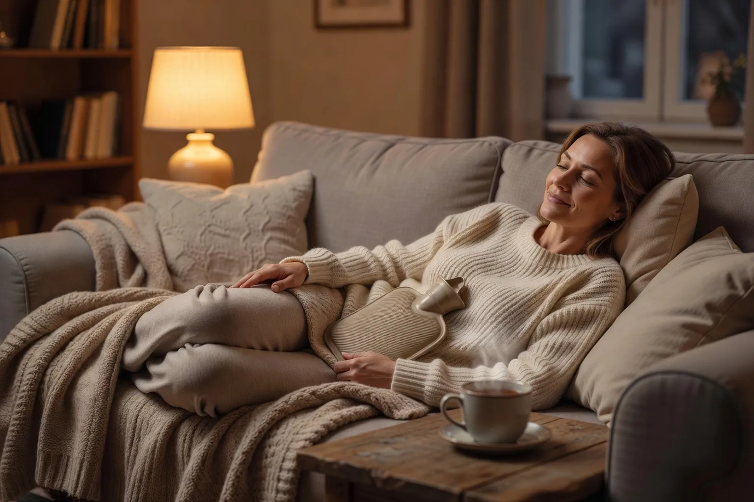 Femme adulte allongée sur un canapé avec une bouillotte posée sur le bas-ventre, plaid et tasse de thé, ambiance cosy du soir