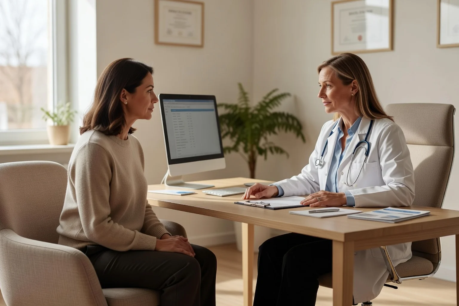 Femme adulte en consultation évoquant avec sa médecin les effets de son traitement antidépresseur