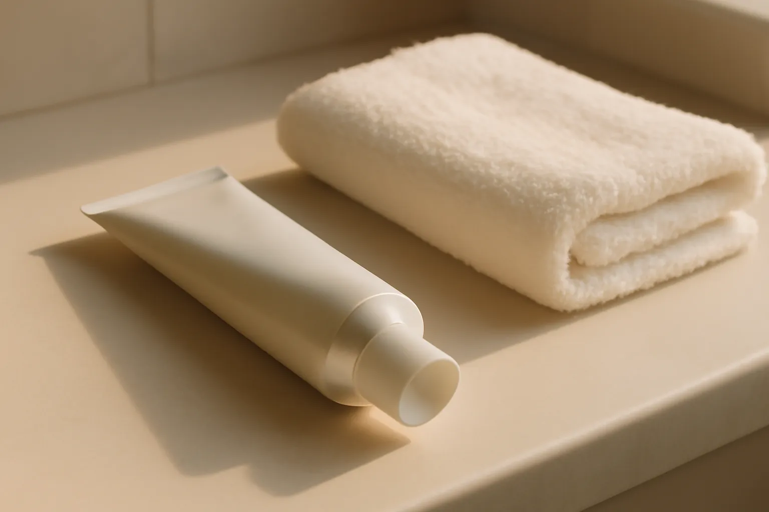 Tube de crème dermatologique et serviette propre sur un plan de toilette, évoquant les soins locaux du lichen scléreux