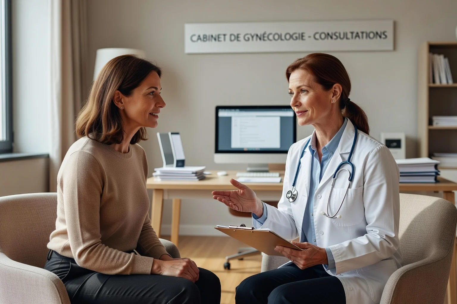 Femme adulte échangeant en consultation avec une gynécologue sur la sécheresse intime