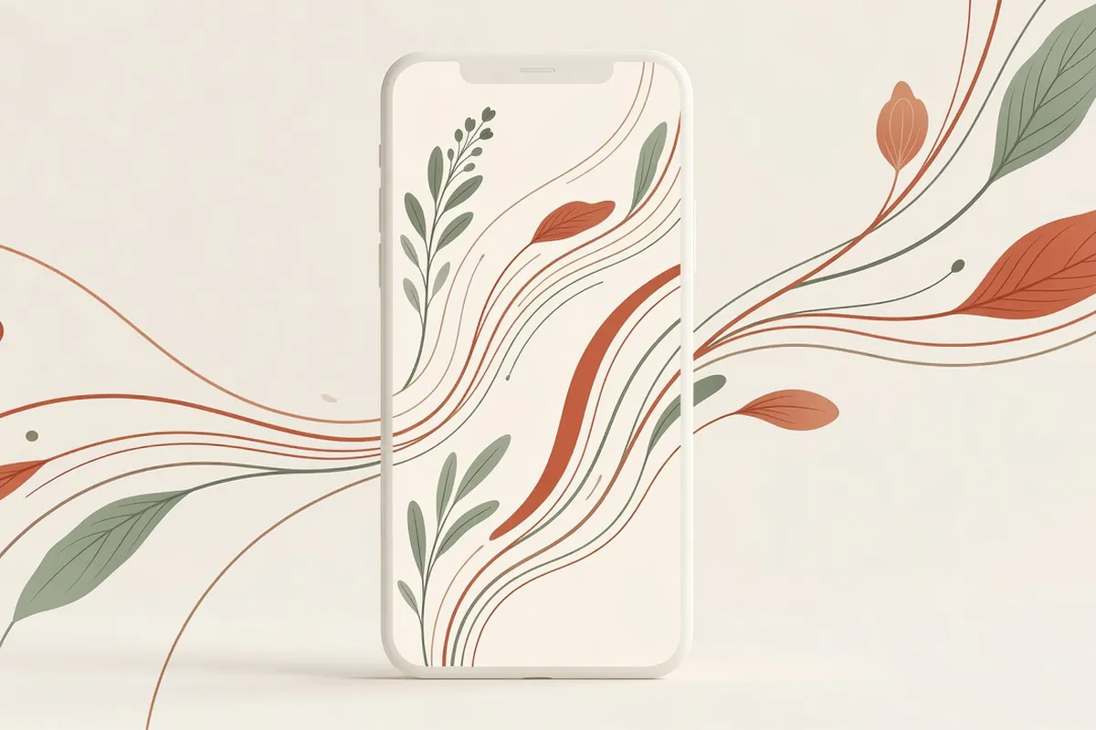 Composition éditoriale d'une interface de bien-être biométrique, palette terracotta sauge ivoire