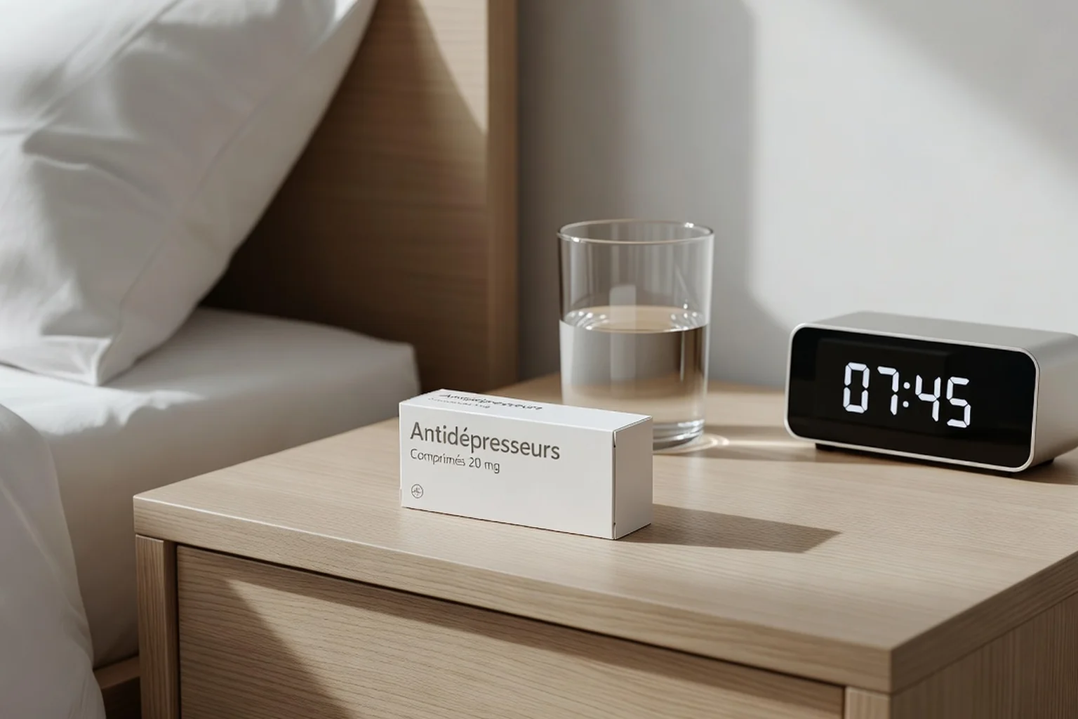 Boîte de médicaments antidépresseurs sur une table de nuit à côté d'un verre d'eau