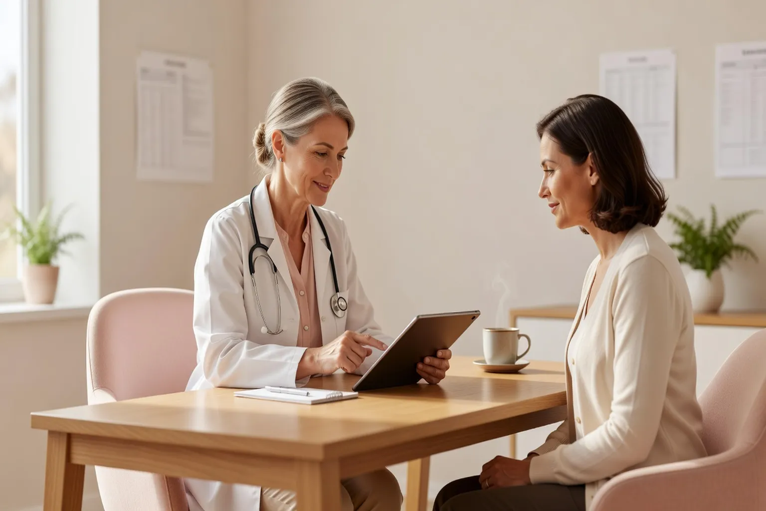 Dermatologue expliquant un suivi médical à une patiente adulte lors d'une consultation