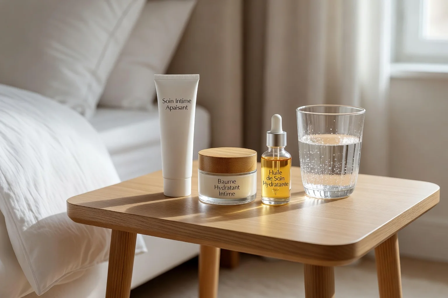 Traitement local et produits d'hydratation intime disposés sur une table de chevet