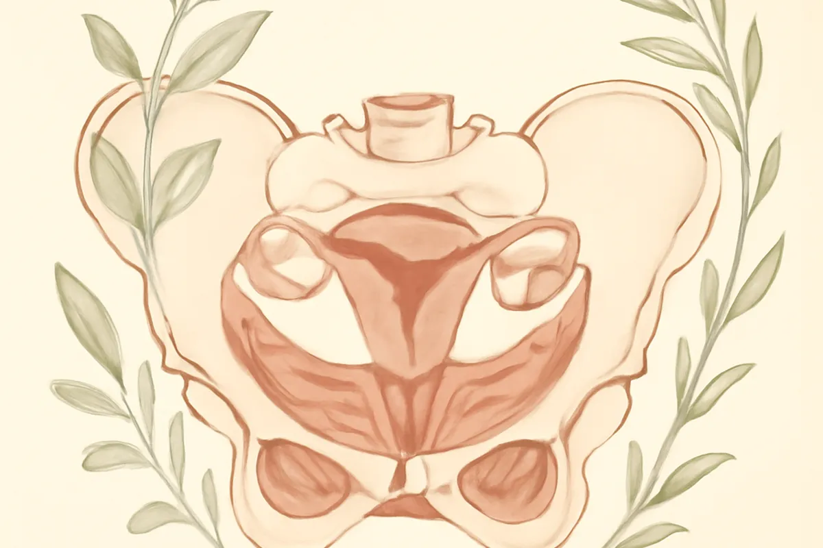 Illustration éditoriale du plancher pelvien, palette terracotta sauge ivoire