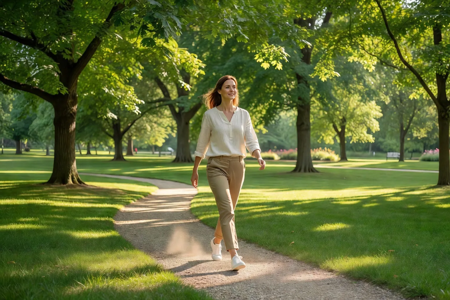 Femme adulte marchant d'un pas détendu dans un parc ensoleillé, tenue confortable, silhouette dynamique