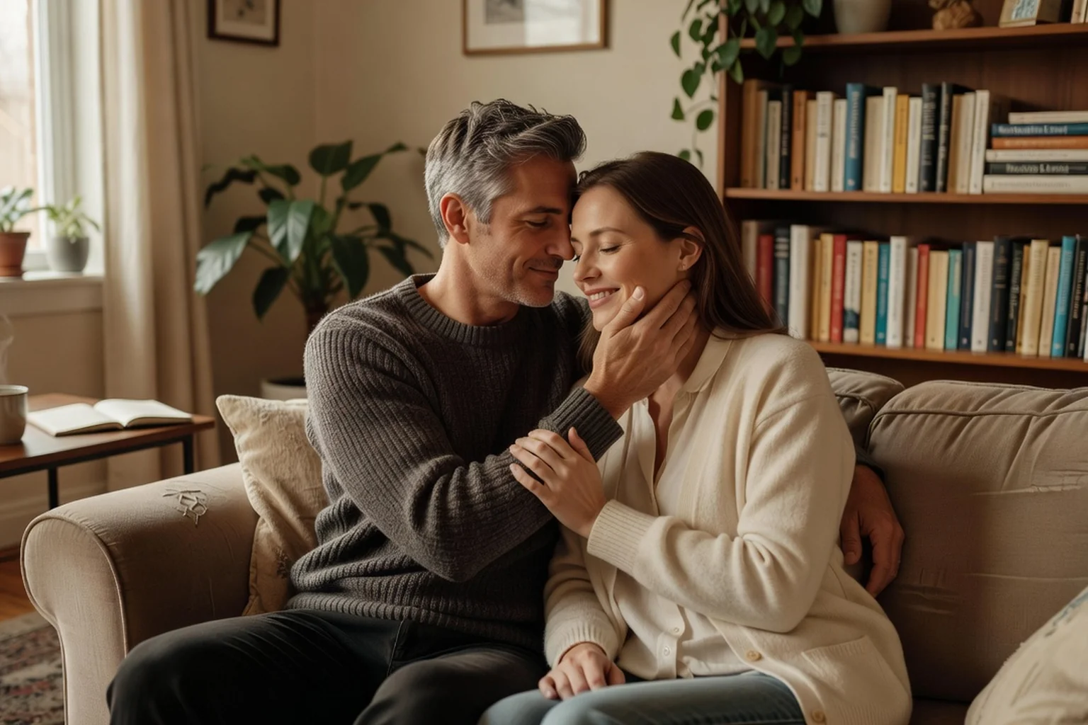 Couple adulte échangeant tendrement dans un salon doucement éclairé