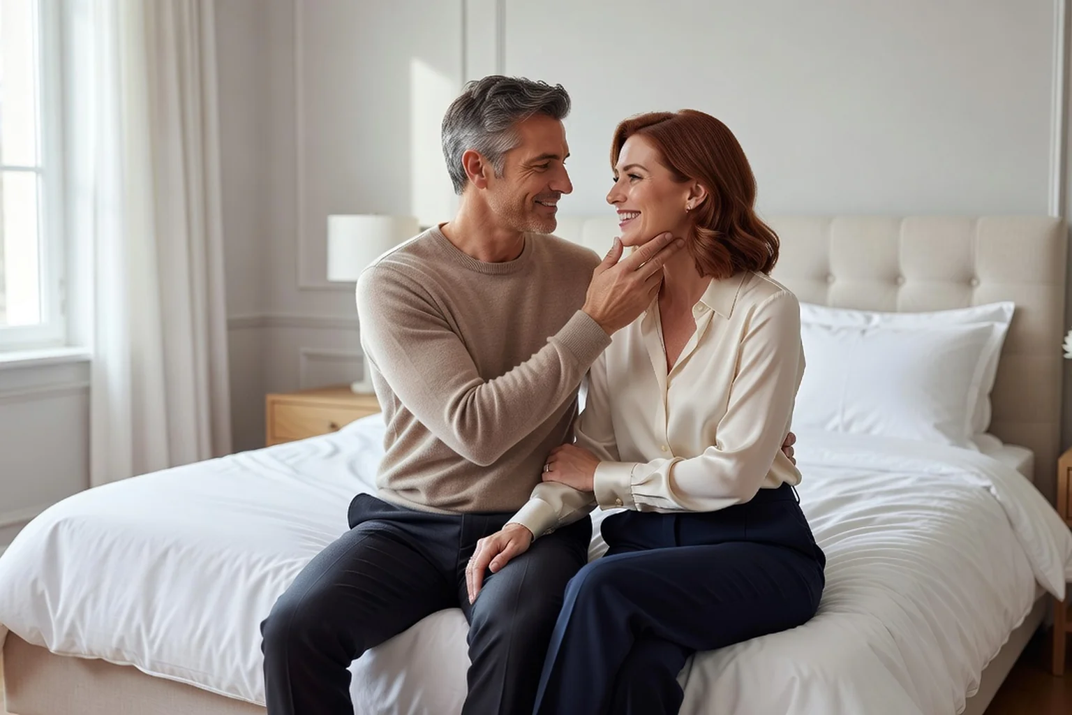 Couple adulte partageant un moment de complicité douce dans une chambre lumineuse
