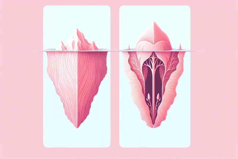 Comparaison de la taille r&eacute;elle du clitoris avec sa partie visible, montrant les piliers et les bulbes vestibulaires