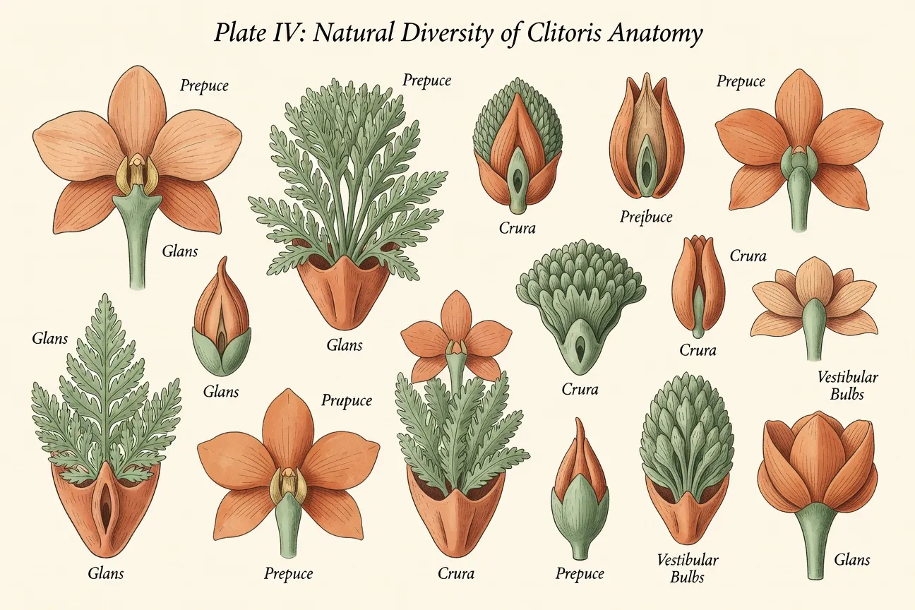 Editorial botanical illustration — natural diversity of the clitoris