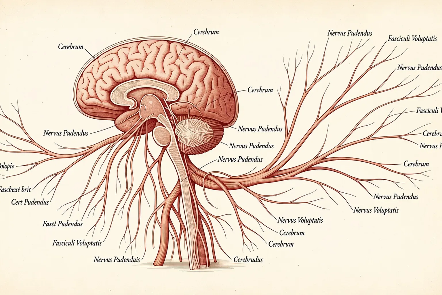 Illustration médicale botanique des voies nerveuses liées au plaisir féminin