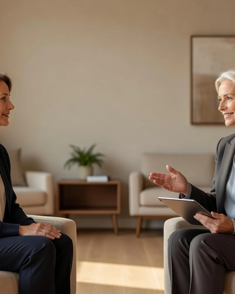 Femme adulte en consultation avec une oncologue, échange calme dans un cabinet médical lumineux