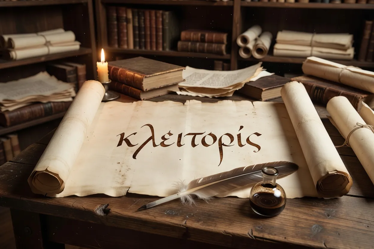 Parchemin avec calligraphie grecque κλειτορίς, plume et encre sépia, style étude philologique 2026