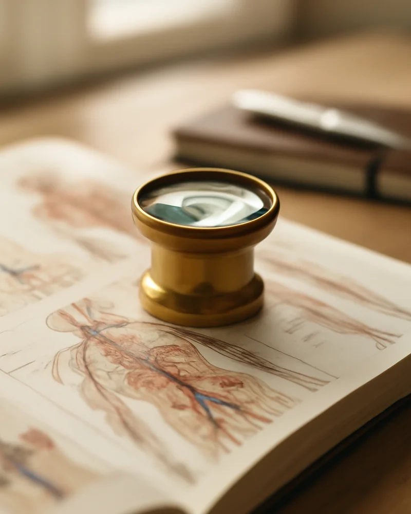 Loupe de lecture posée sur un atlas d’anatomie ouvert, symbole de l’observation rapprochée d’une planche médicale