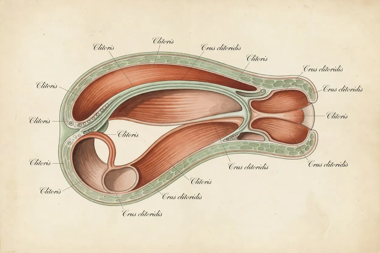 Planche anatomique de référence du clitoris complet, style atlas médical 2026