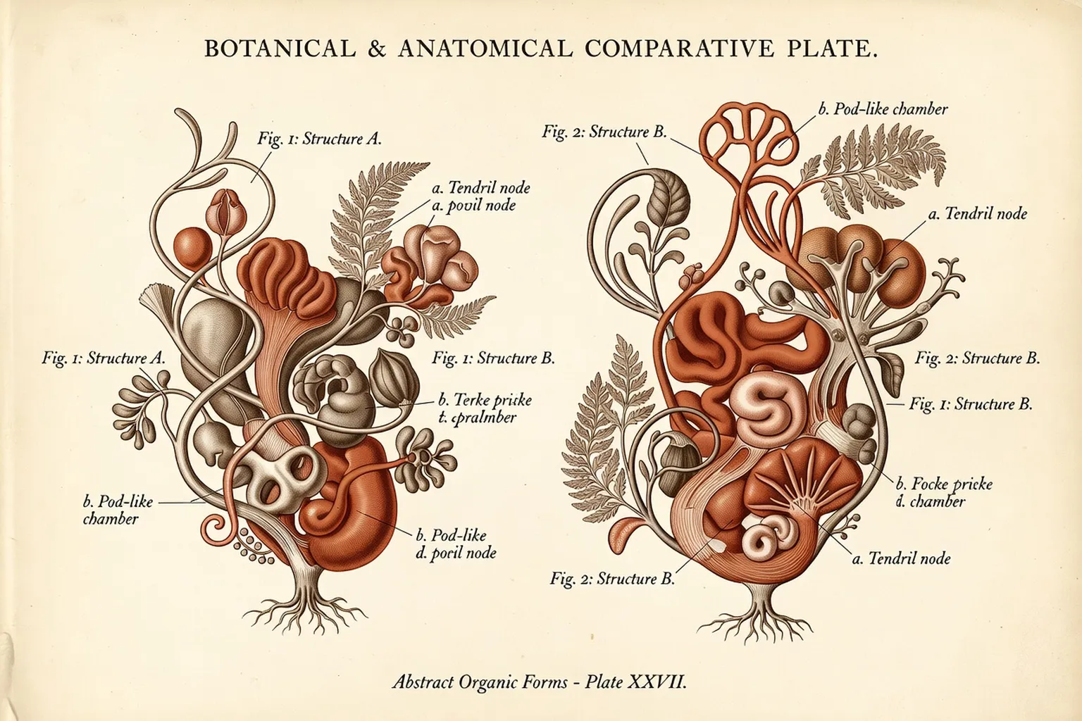 Planche comparative anatomique du clitoris et du pénis, style botanique XIXe terracotta
