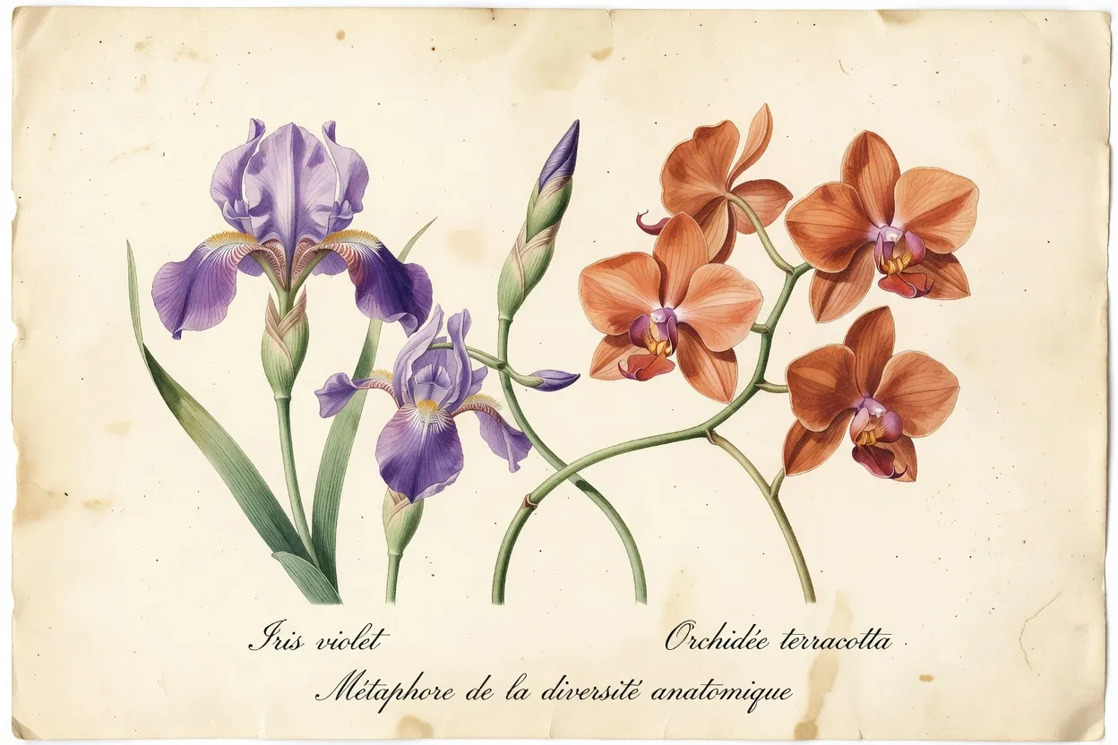 Composition florale stylisée iris et orchidée sur parchemin, métaphore de la diversité anatomique 2026
