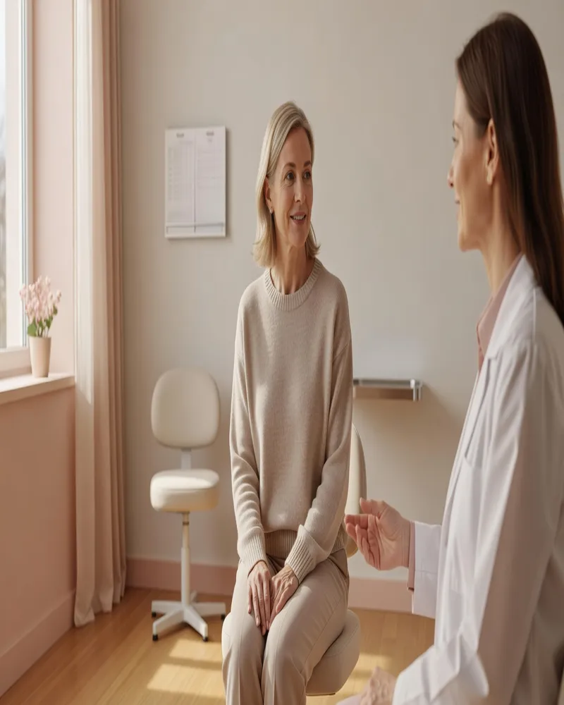 Femme adulte échangeant en consultation avec une dermatologue au sujet d'une dermatose vulvaire