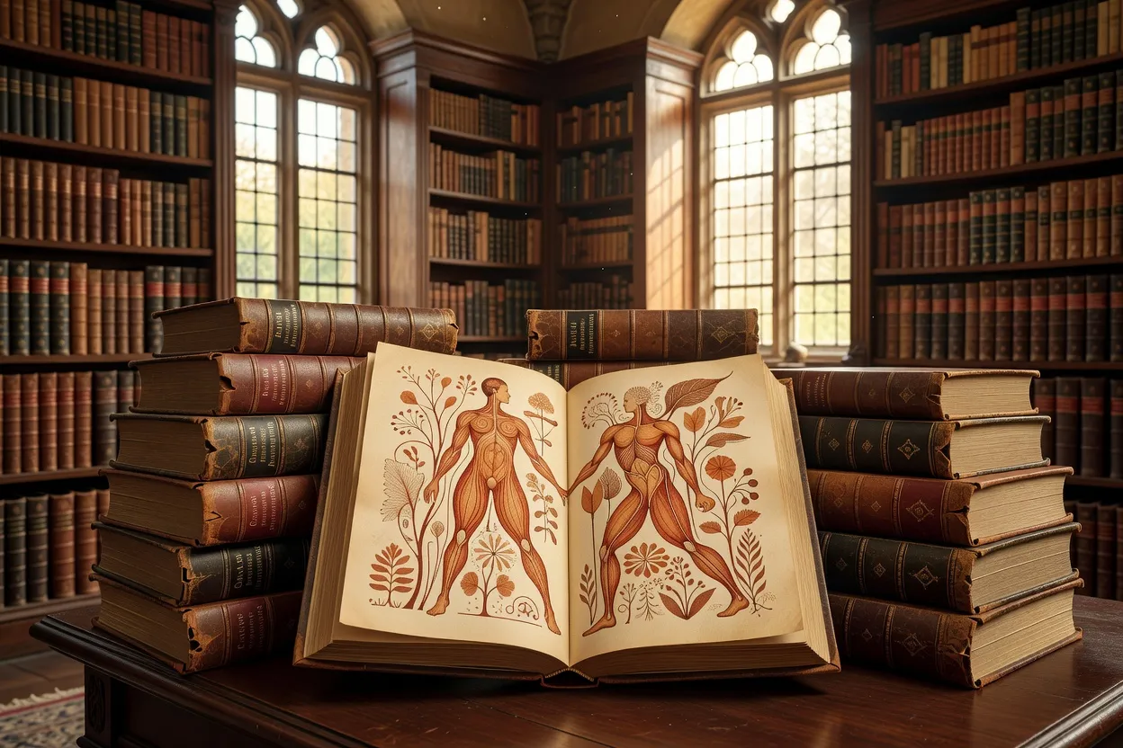 Bibliothèque d'atlas médicaux empilés, style éditorial libre de droits, palette terracotta et sauge