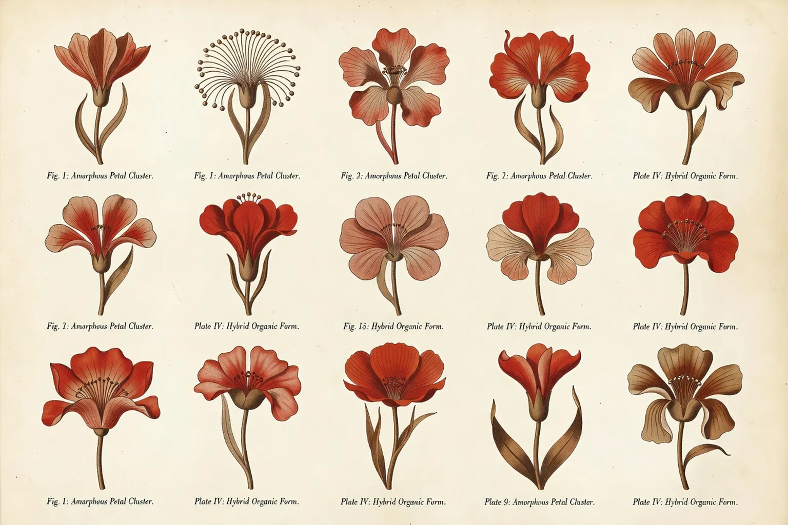 Planche botanique du XIXe : 10 structures florales étiquetées en grille — catalogue scientifique terracotta